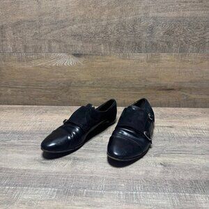 Double Buckle Monk Strap Black Leather/Suede Low Heel Shoe Women's Size EU 37